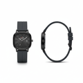 Black strap square watch shown fully from the front and side on a white background