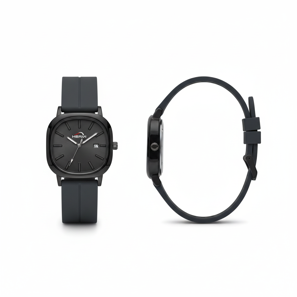 Black strap square watch shown fully from the front and side on a white background