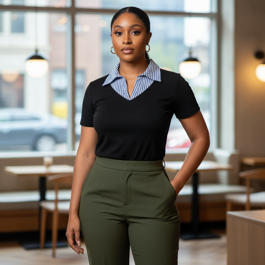 Women's Contrast Collar Polo Top – Model Shot Black