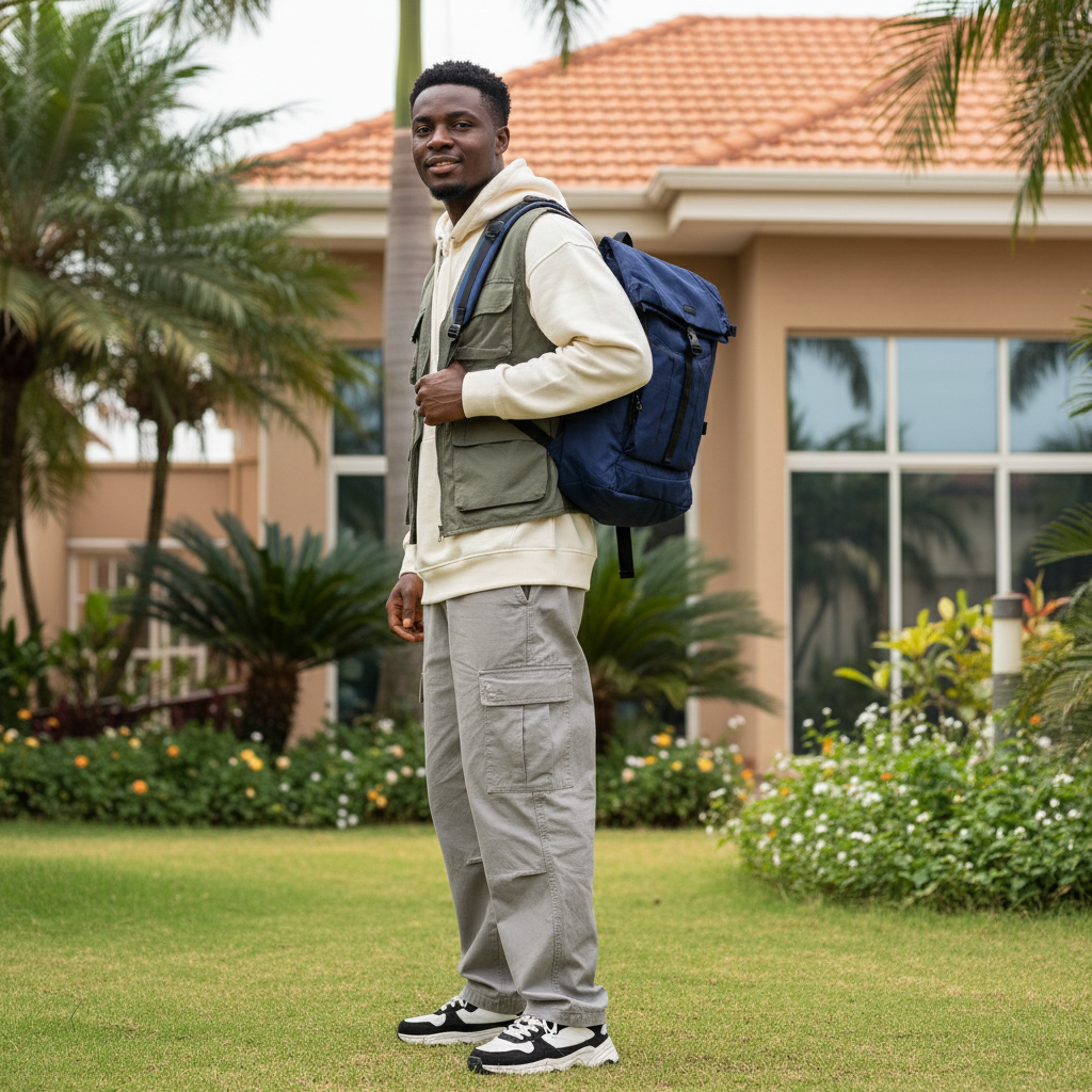 Navy blue large flap backpack lifestyle model shot Nigerian male