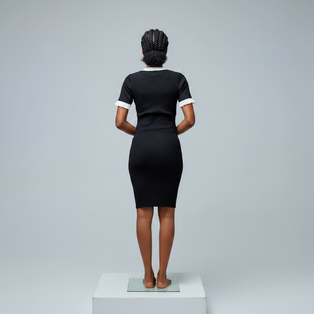 Nigerian female model back view - black white wrap ribbed bodycon dress