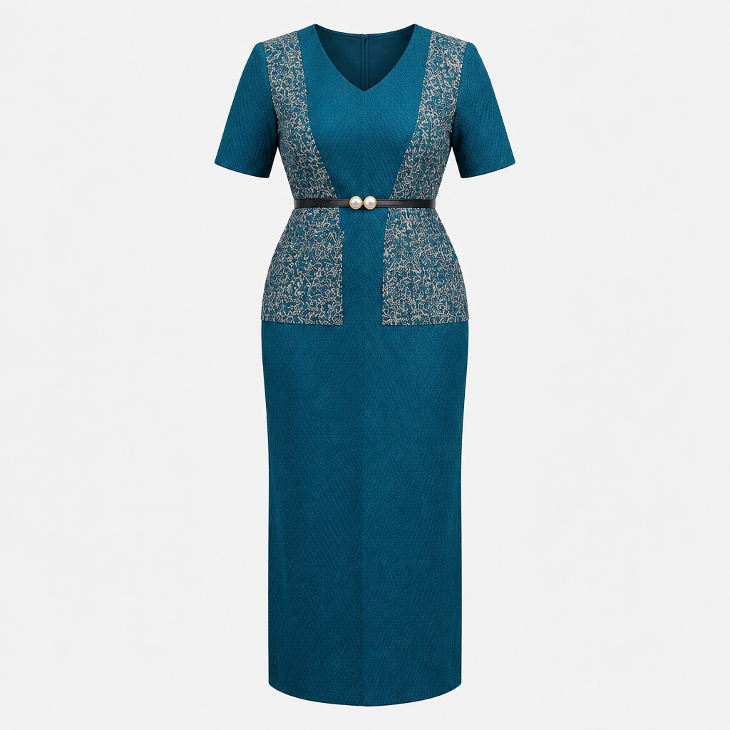 Teal short sleeve V-neck patterned dress on invisible mannequin