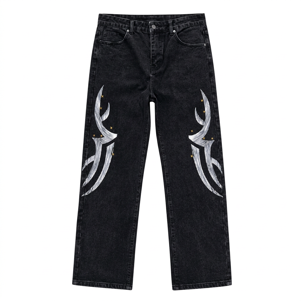 Black wide-leg jeans with silver-white abstract graphics and small star accents