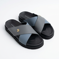 Men’s grey and blue cross-strap slide sandals with gold-tone emblems and black soles