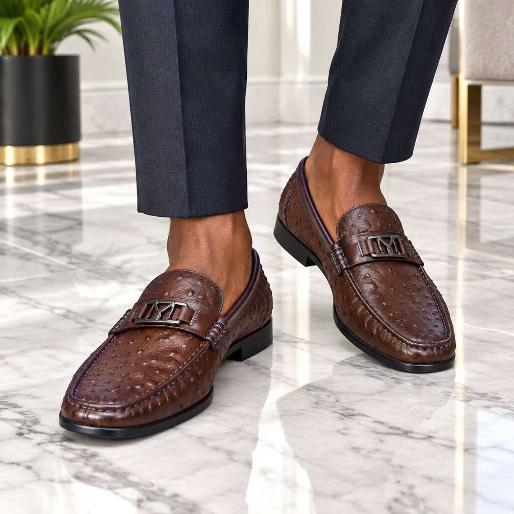 Brown Ostrich-Embossed Leather Buckle Loafer – Model Shot