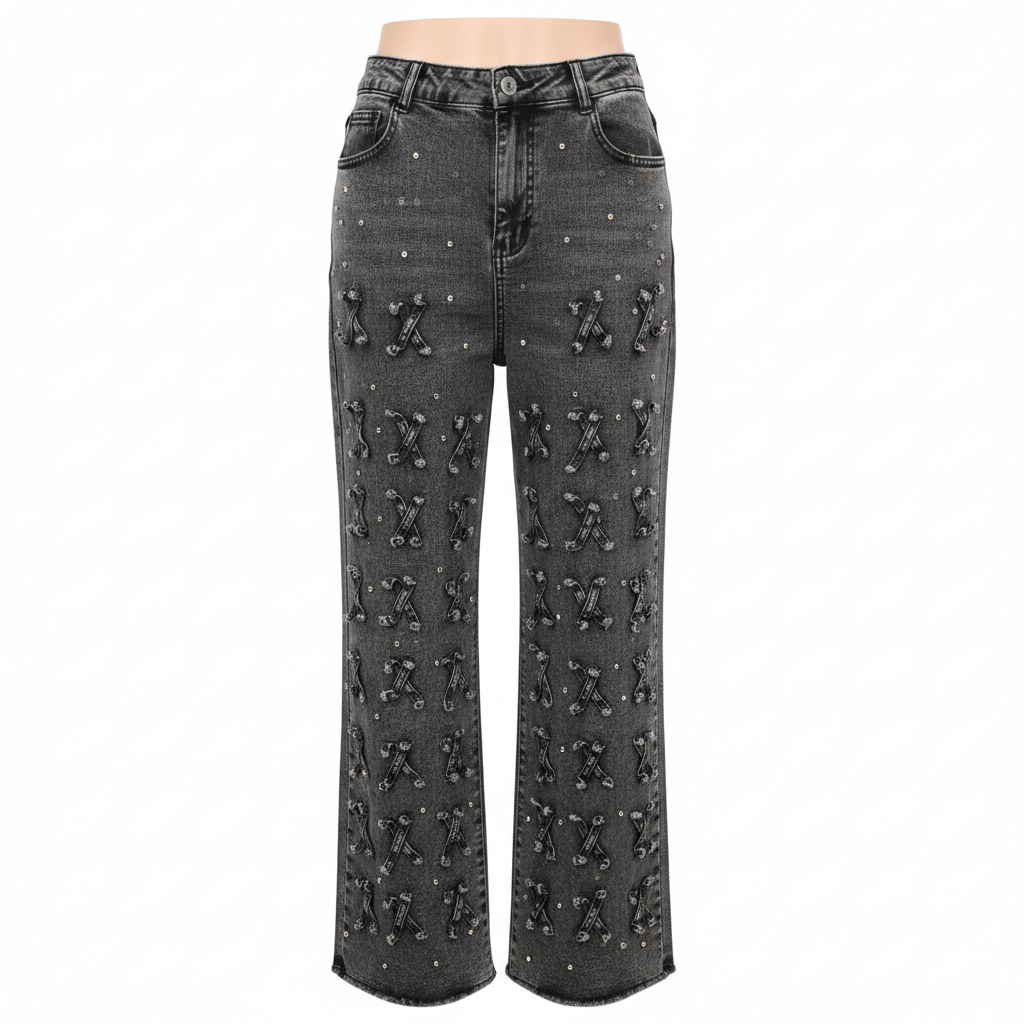 Dark Grey Acid Wash Cross-Stitch Wide-Leg Jeans - Ghost Mannequin Front