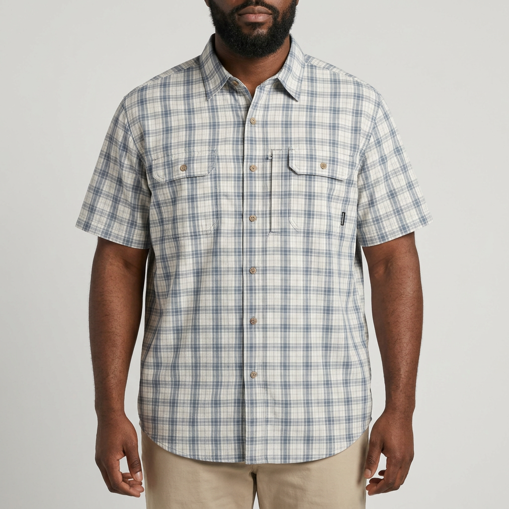 Blue-grey checked short-sleeve twin-pocket shirt worn by an adult Black model