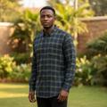 Nigerian male model wearing Navy Olive Plaid Long Sleeve Shirt front view