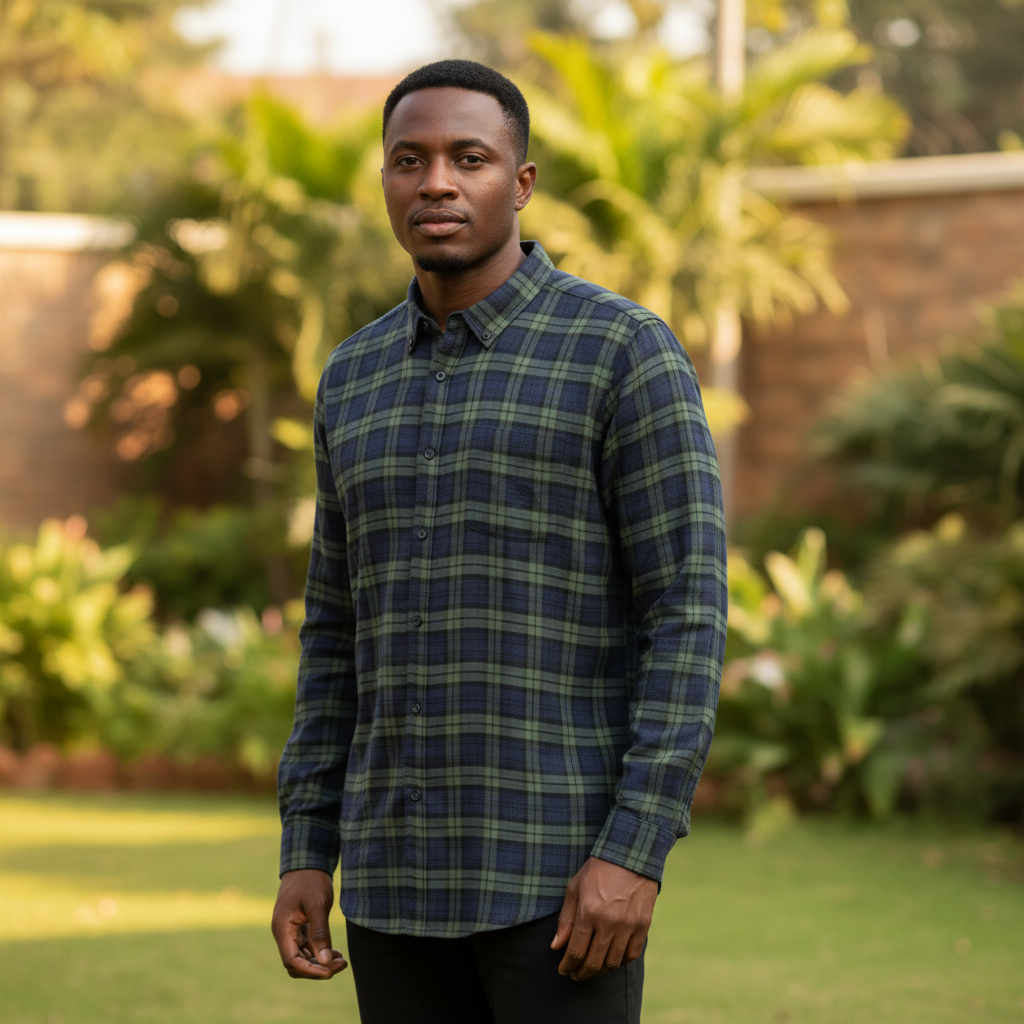 Nigerian male model wearing Navy Olive Plaid Long Sleeve Shirt front view