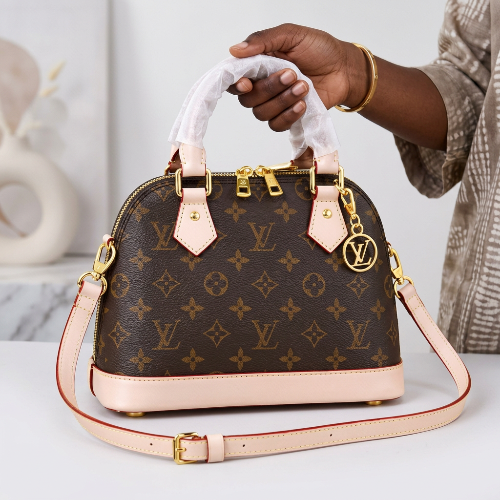 AI-generated hand-focused view of a brown patterned handbag with blush pink trim and shoulder strap