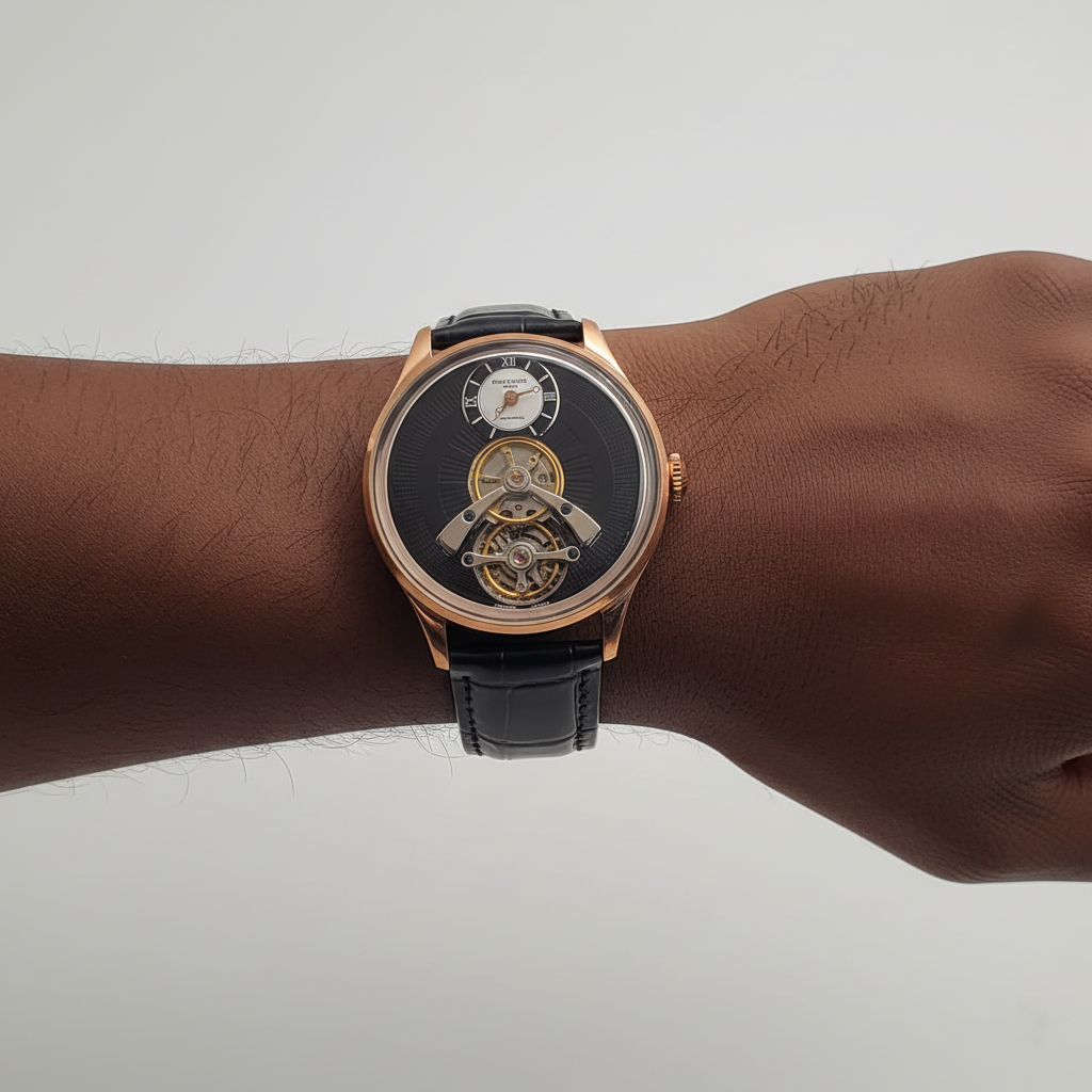 Men's Black Dial Rose Gold Tourbillon Automatic Watch – Nigerian Male Model Wrist Shot