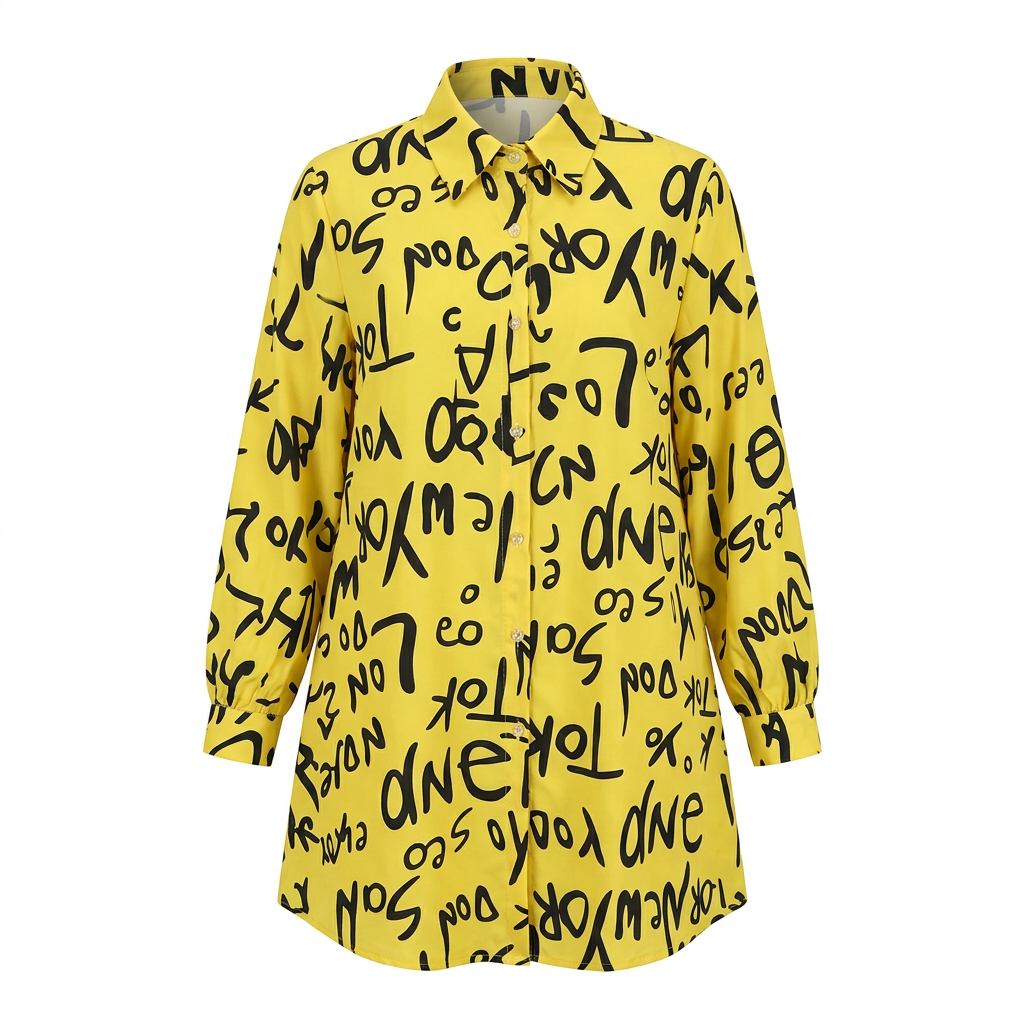 Yellow black letter-print longline shirt on an invisible mannequin