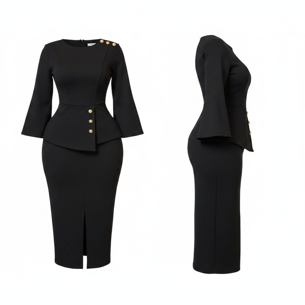 Women's Peplum Bell Sleeve Midi Dress in Black – Ghost Mannequin Front and Side View