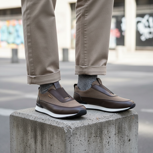 Model wearing brown taupe leather slip-on sneakers leg shot