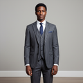 Nigerian male model wearing charcoal grey pinstripe 3-piece suit