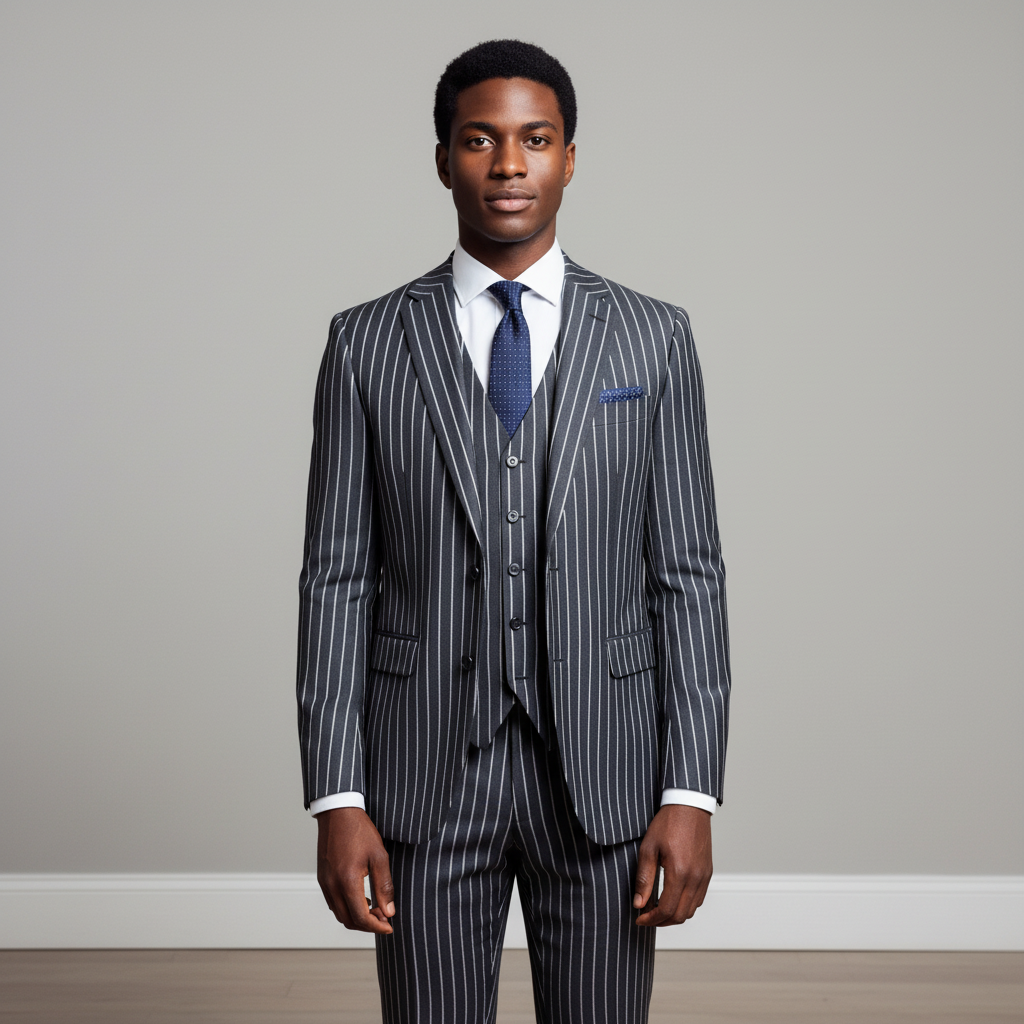 Nigerian male model wearing charcoal grey pinstripe 3-piece suit