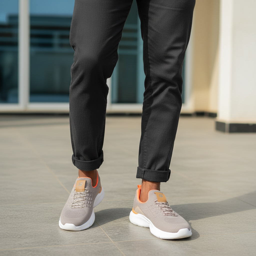 Nigerian male model wearing taupe knit slip-on sneakers with orange accent, Gen Z street style leg shot