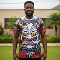 White oni demon dragon graphic football jersey on Nigerian male model