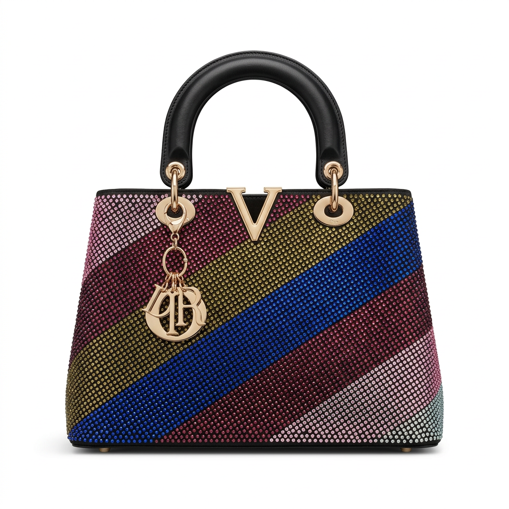 Multicolour diagonal-band embellished handbag front view on white