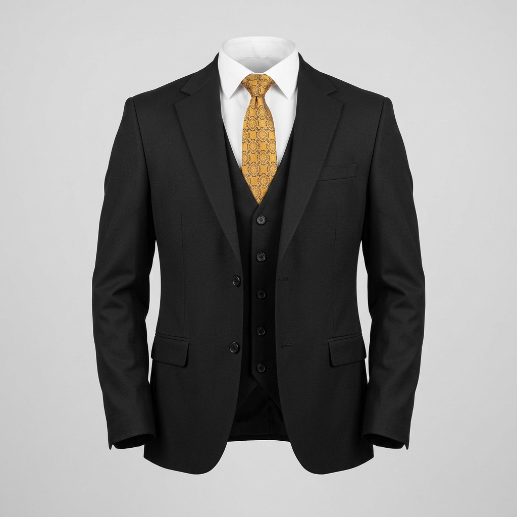 Black notch-lapel suit jacket and waistcoat in ghost mannequin styling