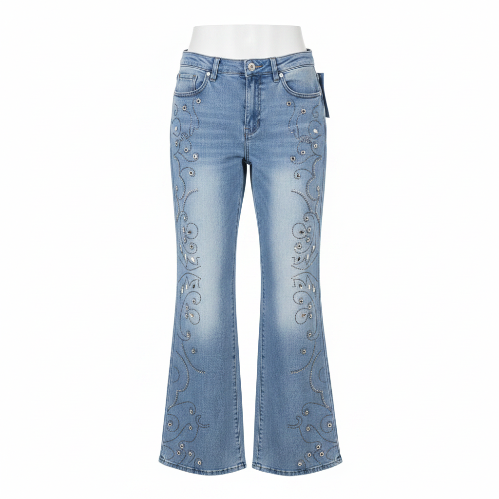 Light Blue Rhinestone Vine Flare-Leg Denim Jeans - Ghost Mannequin Front