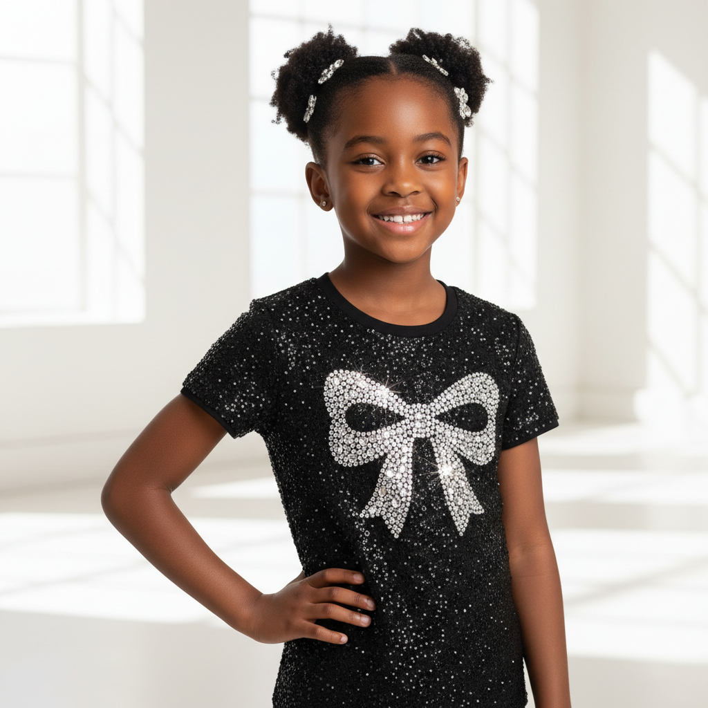 Young girl wearing black rhinestone crystal bow T-shirt