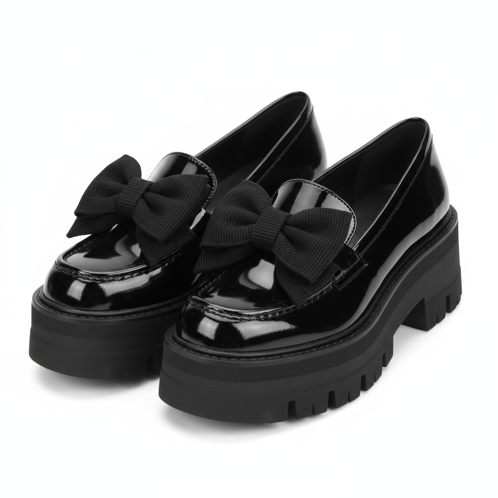 Women's black patent leather chunky platform bow loafer — ghost mannequin pair view, left and right shoe