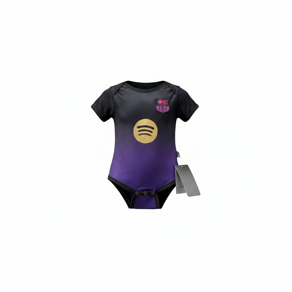Baby black & purple gradient football romper bodysuit – ghost mannequin front view on white background