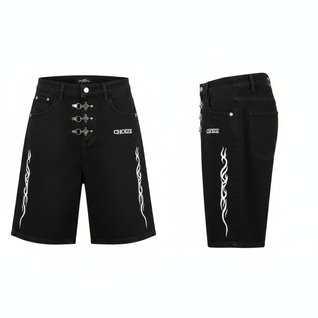 Men's black tribal flame embroidered hardware denim shorts ghost mannequin front and side view