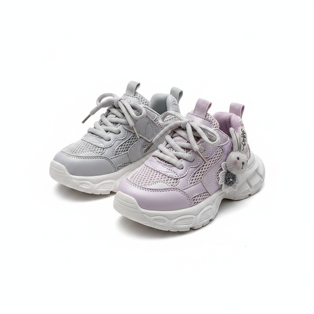 Girls' grey and lavender bunny charm chunky sneakers ghost mannequin view