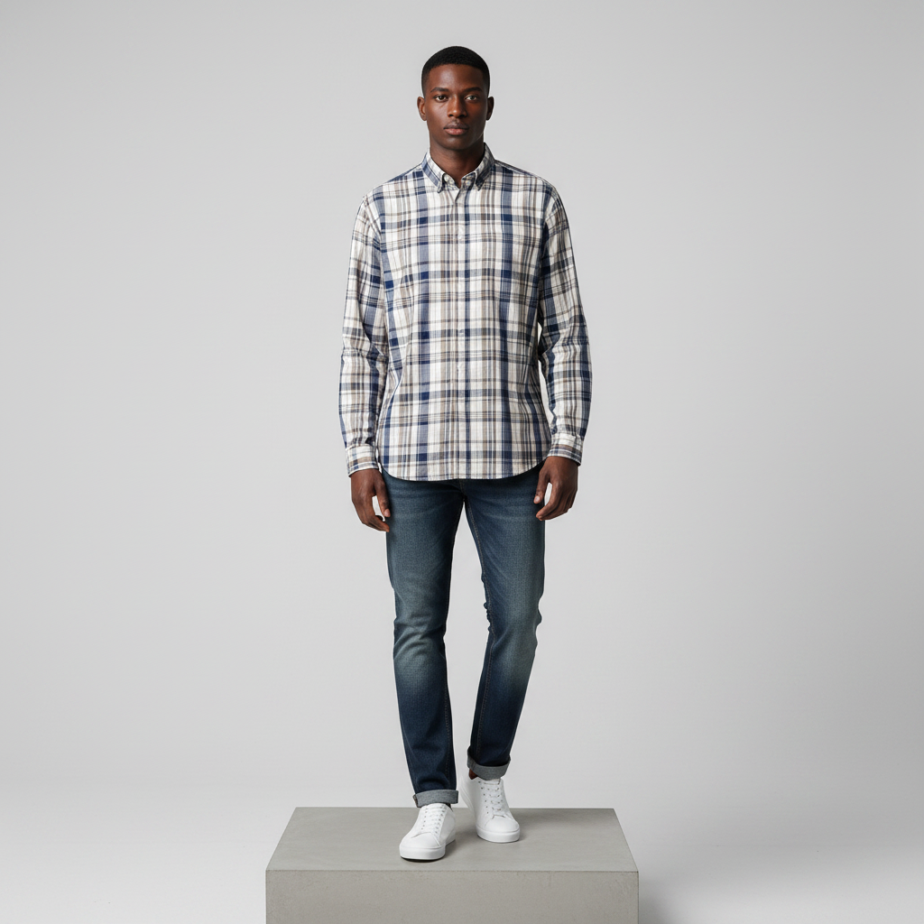 Nigerian male model wearing white navy blue plaid long-sleeved shirt, front view