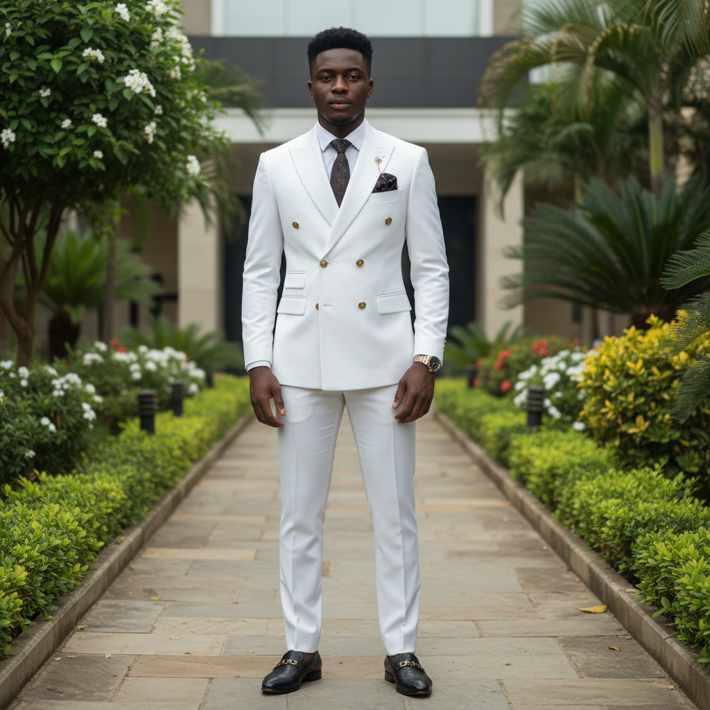 Nigerian male model wearing white double-breasted gold button peak lapel suit