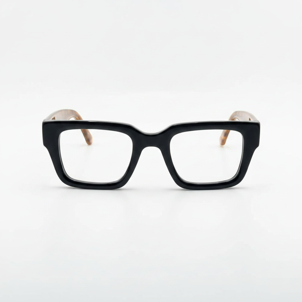 Unisex bold square frame optical eyeglasses – black front with tortoise amber arms on white background