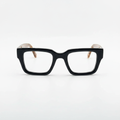 Unisex bold square frame optical eyeglasses – black front with tortoise amber arms on white background