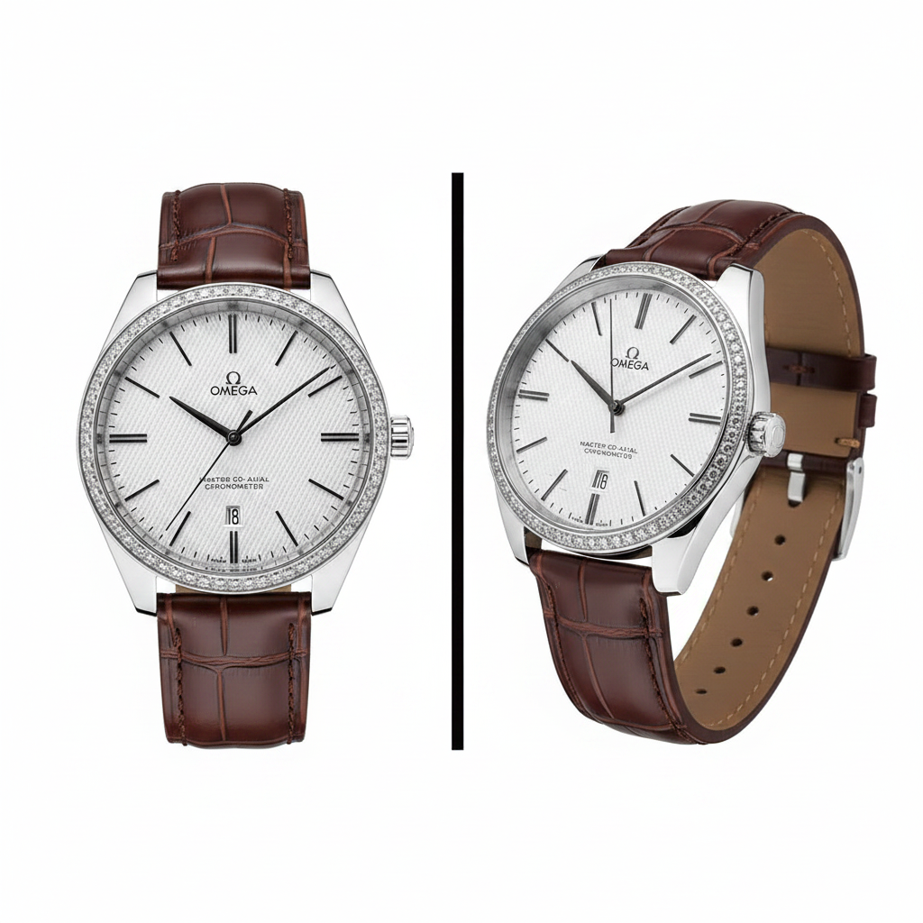 Silver diamond bezel dress watch with white waffle dial and brown leather strap, front and side view on white background