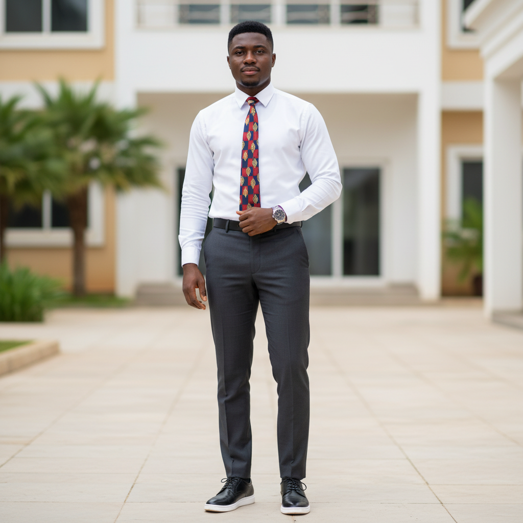 Nigerian male model wearing navy and burgundy checkerboard gold medallion woven necktie with white shirt