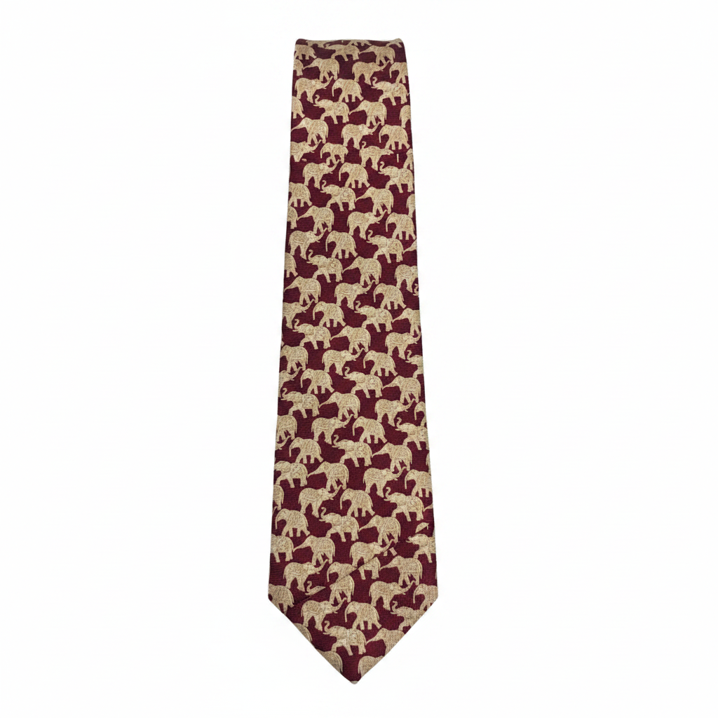 Men's burgundy cream elephant print woven necktie ghost mannequin white background