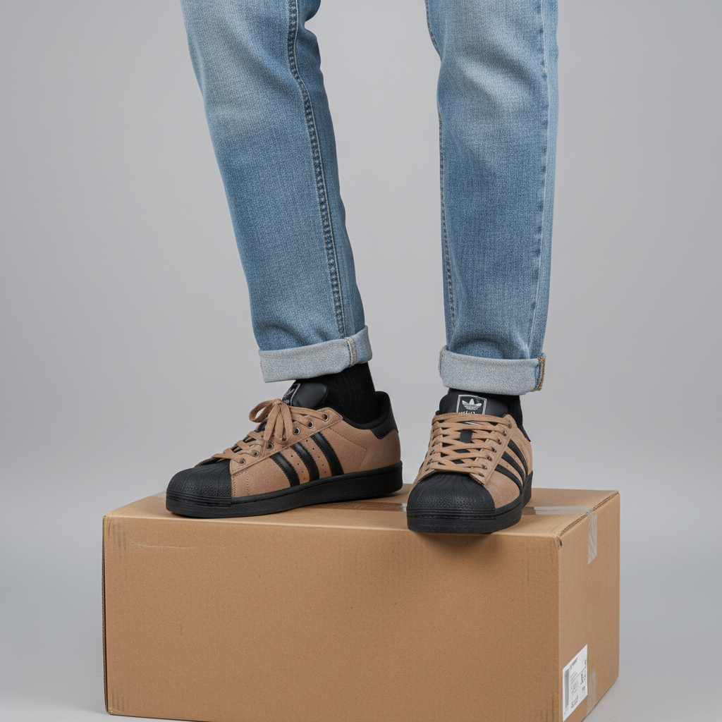 Men's tan brown suede shell-toe sneakers with black stripes Nigerian male model leg shot