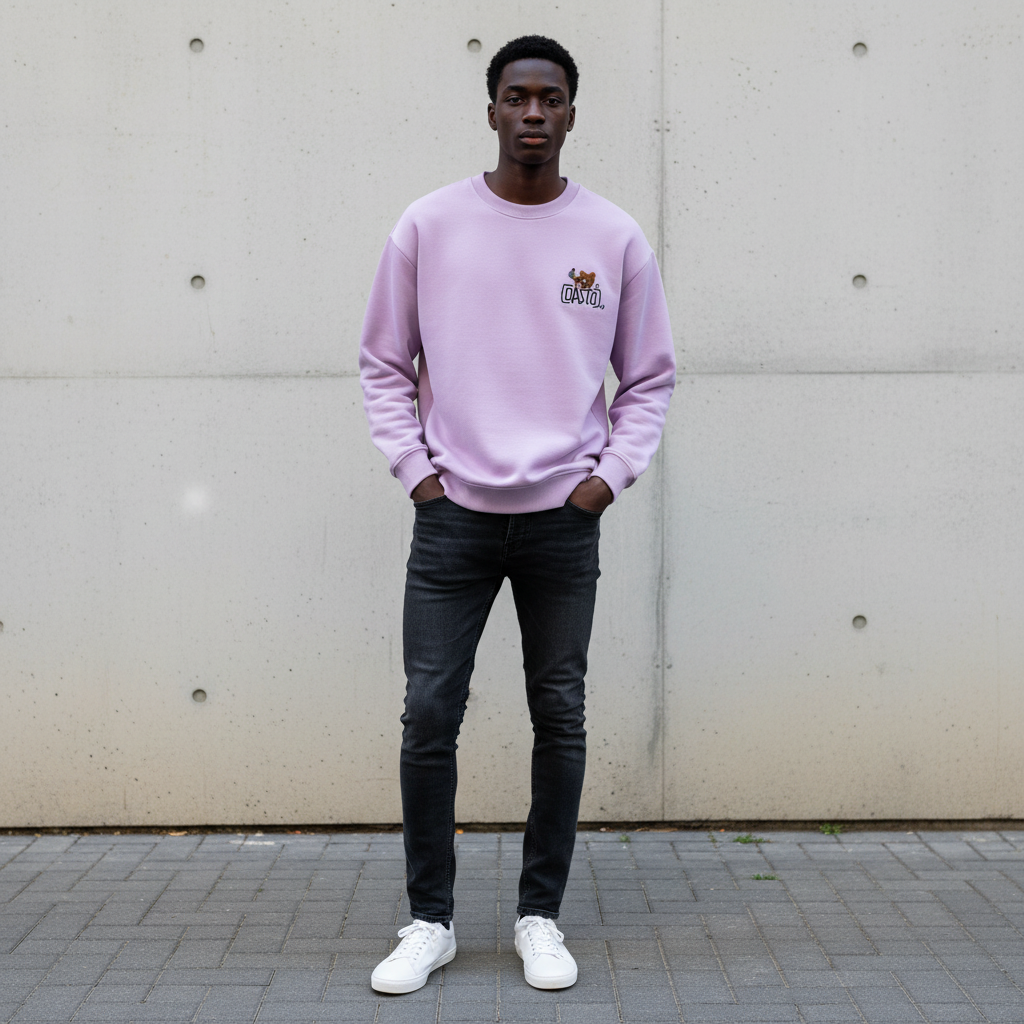 Male model wearing lilac purple DASTO bear sweatshirt front view