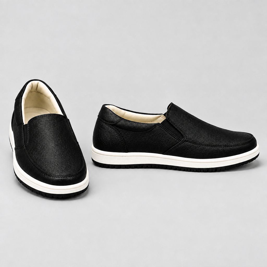 Men's black textured slip-on sneakers, front and side view