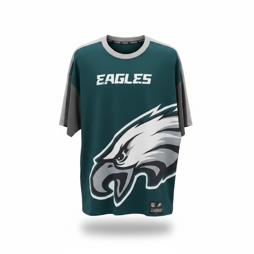 Ghost mannequin view of men's teal eagle graphic sports tee with grey contrast panels