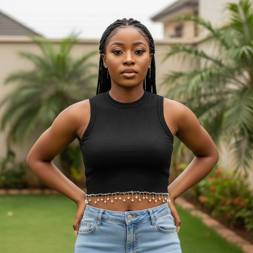 Model Front – Black Pearl Hem Crapo Top