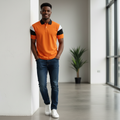 Orange Black White Sleeve Panel Polo Shirt on Nigerian male model