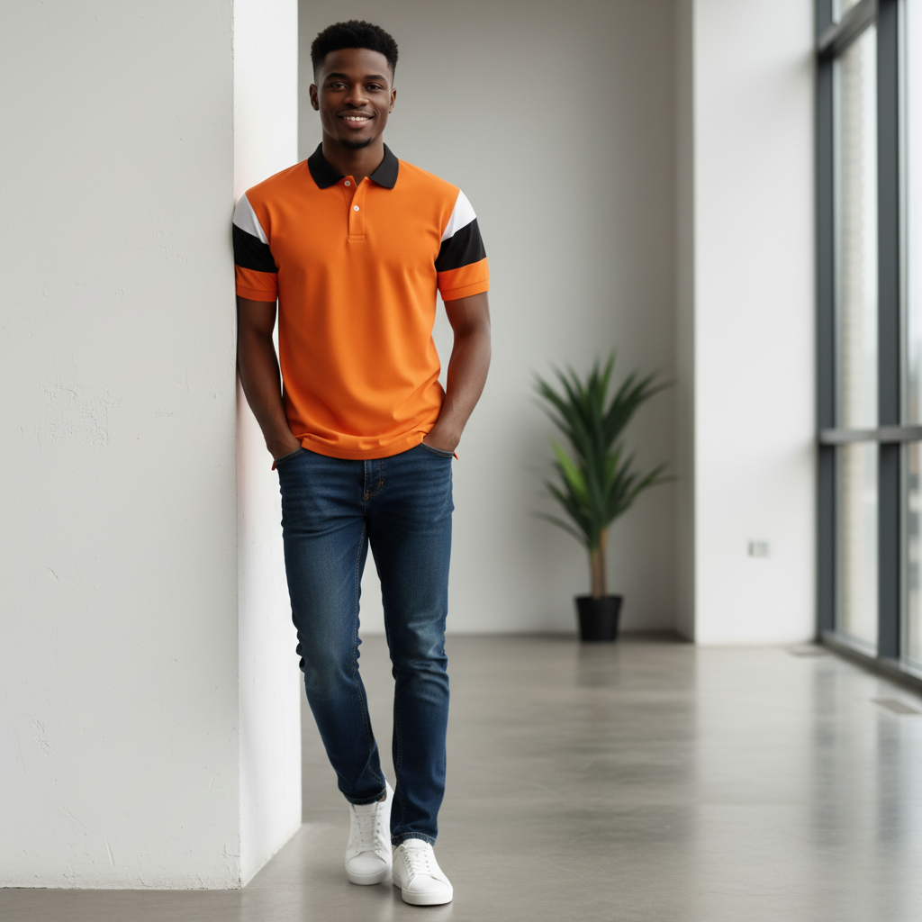 Orange Black White Sleeve Panel Polo Shirt on Nigerian male model
