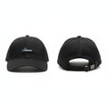 Black minimalist script logo dad cap with blue and white embroidery ghost mannequin front and side view