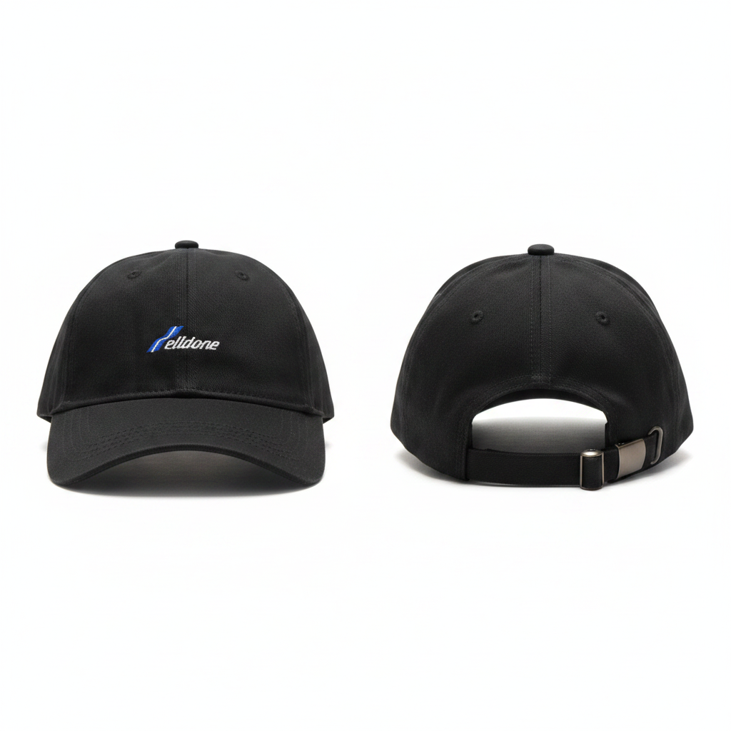 Black minimalist script logo dad cap with blue and white embroidery ghost mannequin front and side view