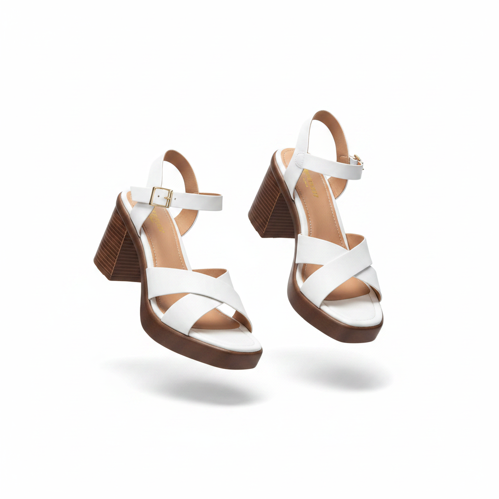 Women's white cross-strap block heel platform sandal — ghost mannequin view