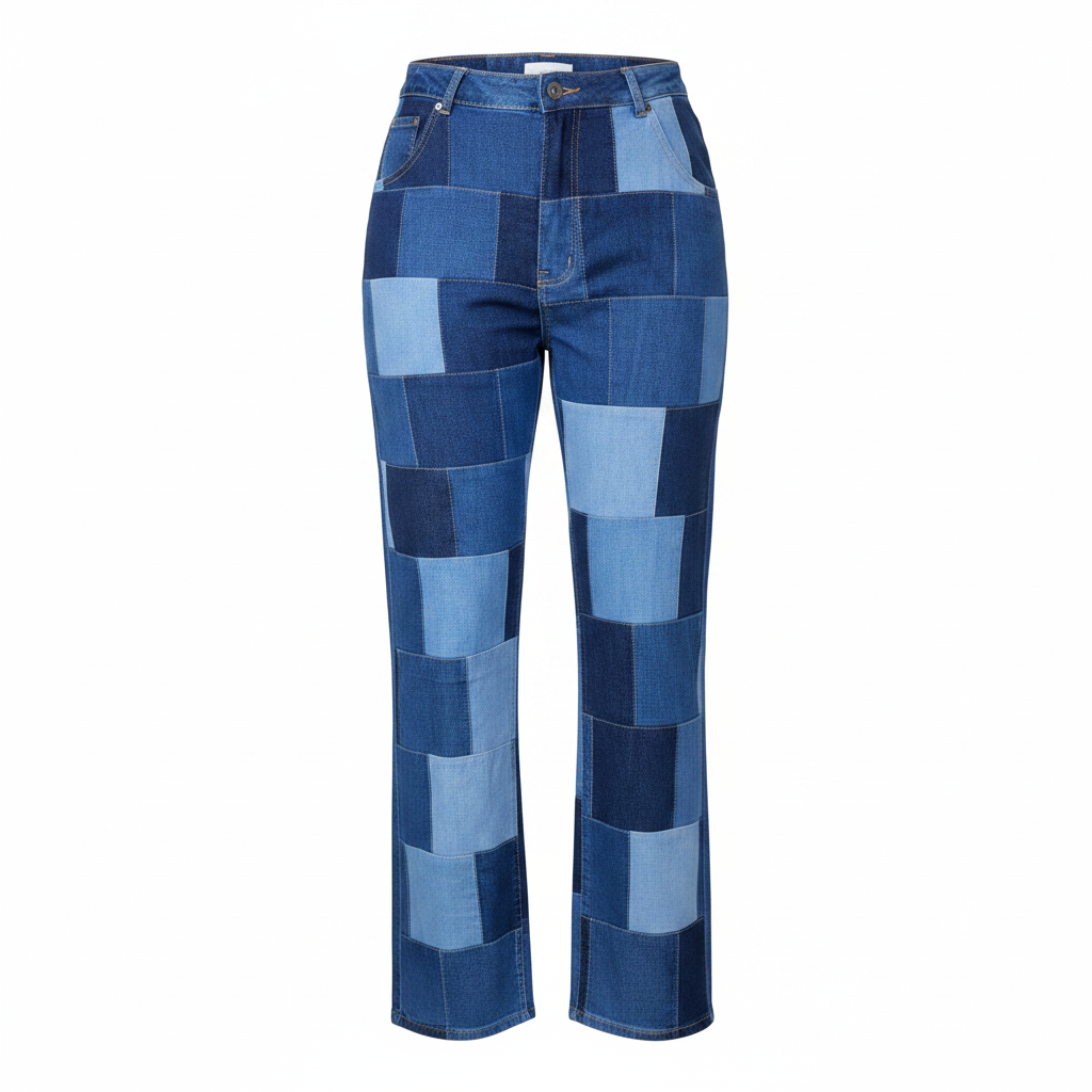 Blue Two-Tone Patchwork Denim Jeans – Front Ghost Mannequin