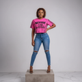 Pink Distressed Lace Trim Graphic Crop Top - Model Front