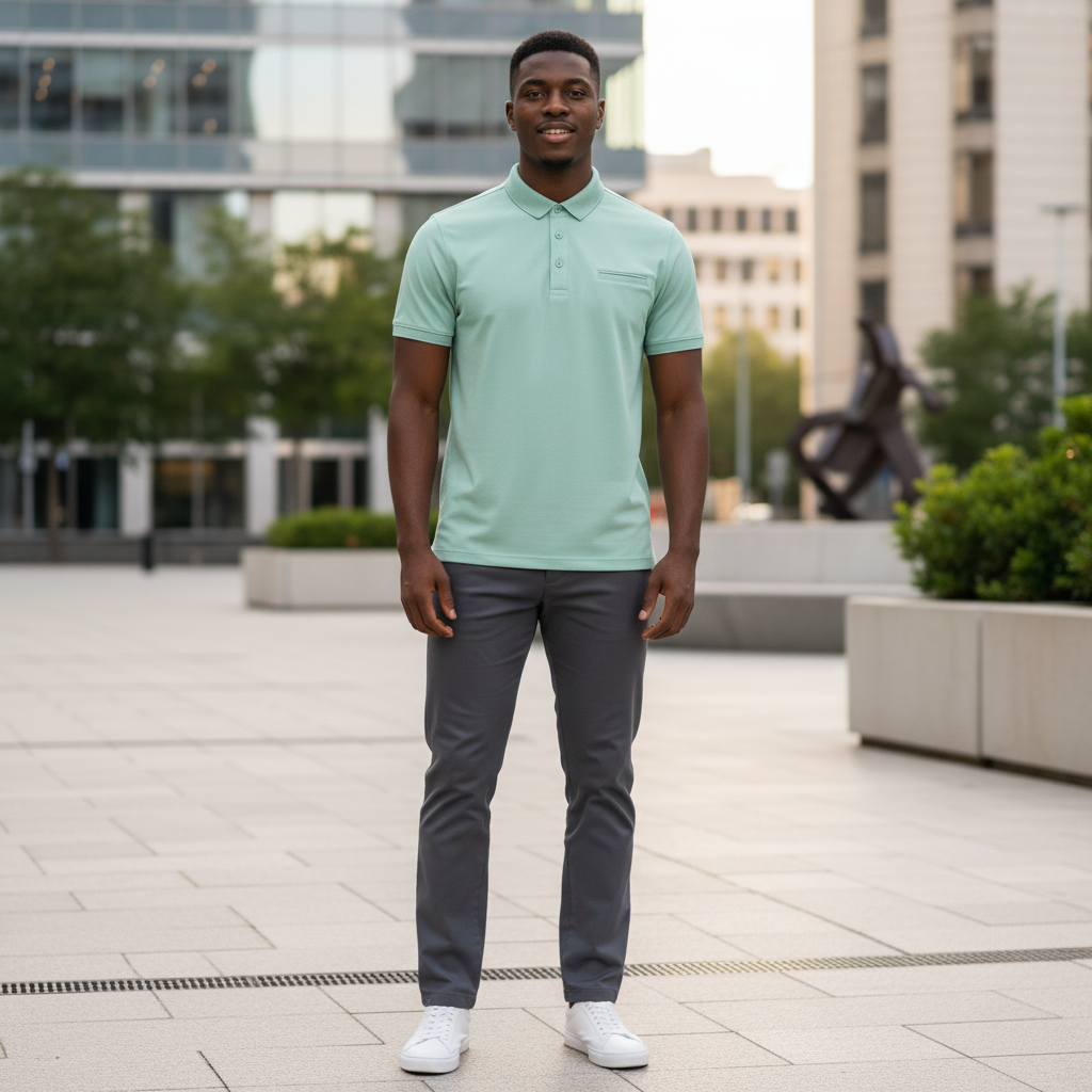 Young Nigerian male model wearing mint green polo shirt with chest pocket